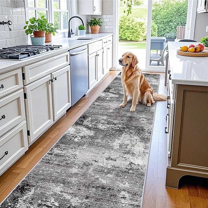 3x20 ft Extra Long Hallway Runner Rug - Non-Slip Washable Floor Runner with Rubber Backing, Modern Low Pile Thin Wide Carpet for Entryway, Kitchen, Living Room (Black Grey, 3x20)