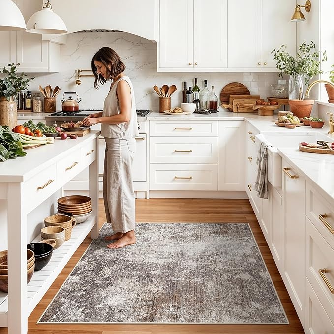 Washable 5x5 Area Rug Square – Non-Slip Soft Indoor Rug for Kitchen Living Room Entryway Bathroom – Modern Abstract Neutral 5ft Rug (Brown Beige, 5x5)