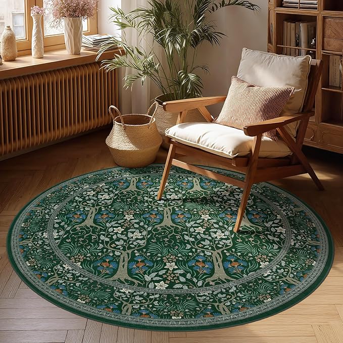 Joydeco Washable Round Area Rug for Living Room Bedroom, Soft Round Rugs 5ft Ultra-Thin Non-Slip, Vintage Throw Circle Carpet for Bathroom Kitchen Nursery,Dark Green Floral Décor