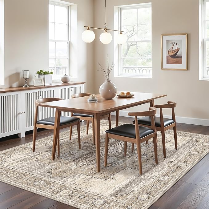 RUUGME Dining Room Rugs for Under Table - Washable Living Room Area Rug Stain Resistant Carpet Vintage Lightweight Ultra-Thin Rugs for Bedroom Kitchen with Non Slip Backing Home Decor 6x6 Beige