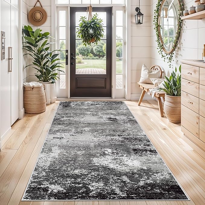 4x6 Washable Non-Slip Area Rug – Modern Abstract Neutral Small Carpet for Indoor Entryway, Kitchen, Bedroom, Living Room, Office – Low-Pile Thin Throw Rugs (Black Grey,4x6)