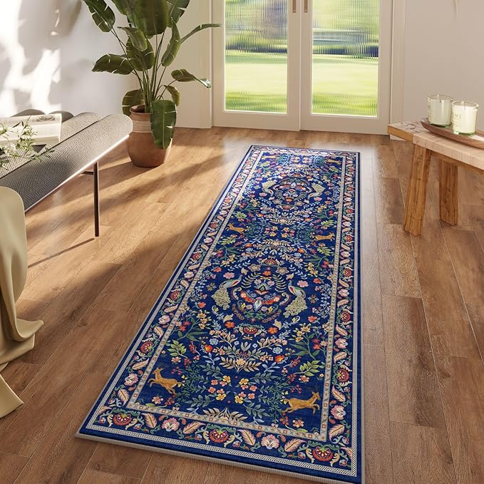 Rugcomf 2x5 Runner Rug - Floral Machine Washable Kitchen Rug, Non-Slip Low Pile Boho Carpet for Hallways, Laundry, Entryway, Bedroom, Bathroom - Blue