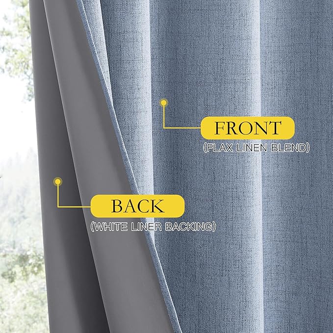 NICETOWN Stone Blue Vintage Linen 100% Blackout Curtains for Living Room, Thermal Insulated Curtains 63" Long, Noise Reducing Window Treatment Drapes for Hall Room, 52" Wide Per Panel, Set of 2