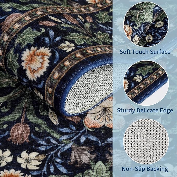 GarveeHome Green Washable Area Rug 5x7, Retro Floral Low Pile Non Slip Living Room Rug Soft Cottage Core Rug Farmhouse Indoor Carpet for Bedroom Dining Room Playroom