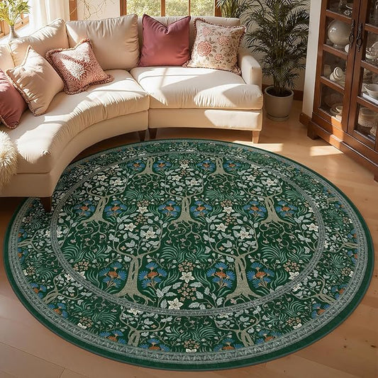 Joydeco Washable Round Area Rug for Living Room, Soft Round Rugs 6ft Non Slip with Rubber Backing, Vintage Large Circle Carpet for Bedroom Kitchen Nursery, Dark Green Floral Décor