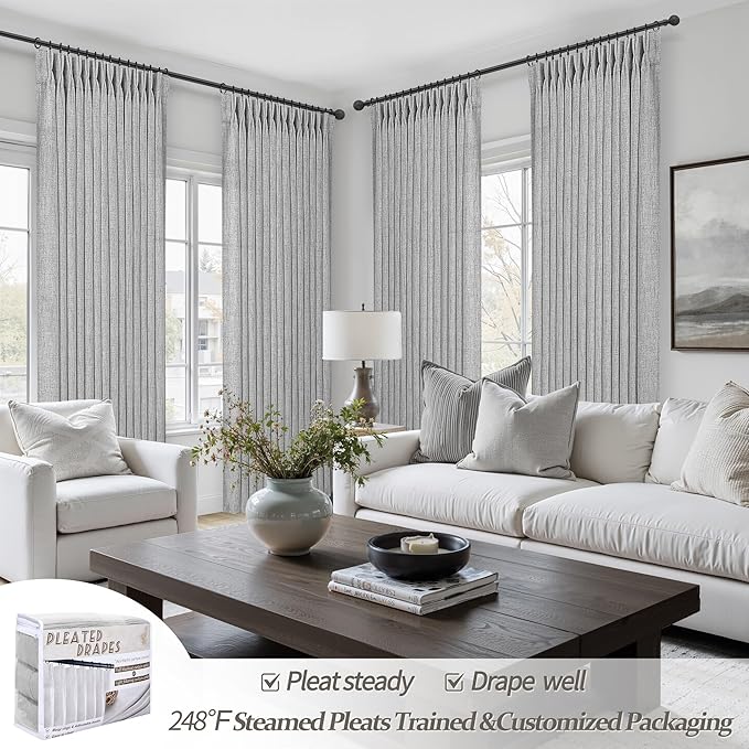 Light Grey Extra Long Floor to Ceiling Sheer Linen Curtains 108 Inches Long for Dining Room 2 Panels Set, Country Memory Trained Pinch Pleated Curtain 9 FT Length Office Luxury Viral Drapes with Hooks