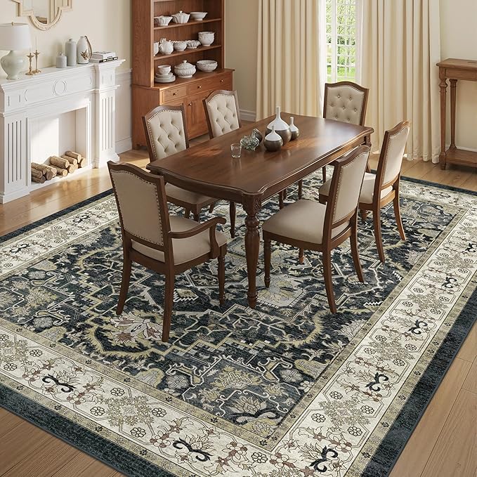 Black 8x10 Washable Large Area Rug, Non-Slip Soft Ultra-Thin Polyester Carpet with Vintage Vintage Stain Large Rug for Living Room, Bedroom, Dining Room & Open-Concept Spaces Oeko-TEX - Black