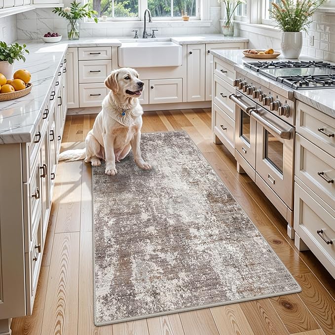 3x5 Washable Entryway Rug – Non-Slip Rubber Backed Small Area Rug for Kitchen, Bedroom, Living Room, Office – Soft Low-Pile Thin Modern Abstract Neutral Throw Rug (Brown Beige, 3x5)