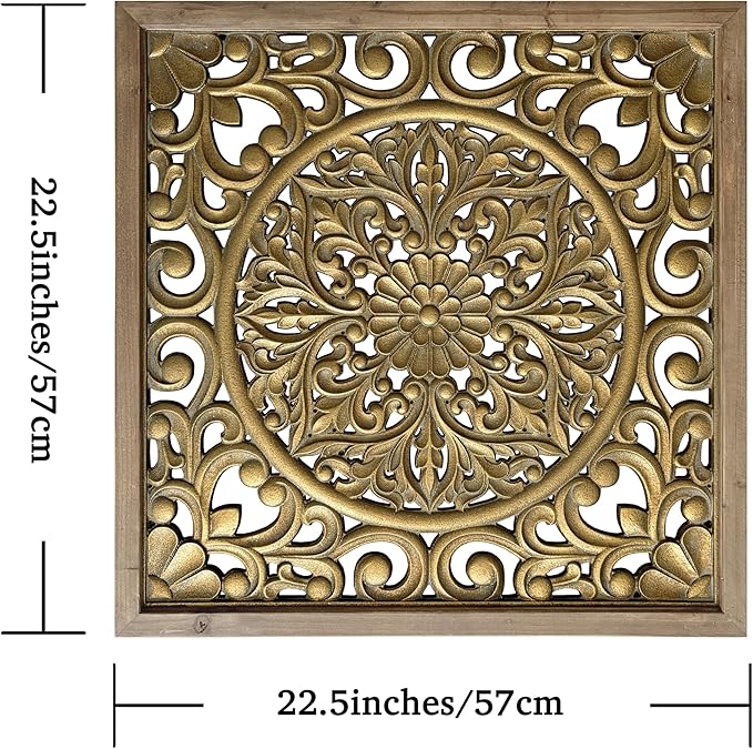 XIAOAIKA Boho Carved Wood Wall Sculpture, Intricate Floral Mandala Design with Distressed Gold Finish, Vintage Farmhouse Wall Art Panel with Solid Wood Frame for Bedroom Entryway (22.5" x 22.5")
