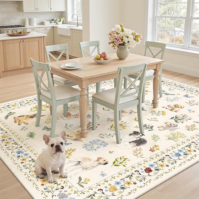 Soalmost Dog 6x9 Area Rugs for Living Room, Machine Washable Animal Floral Vintage Rug Non-Slip Low Pile Soft Throw Rugs for Bedroom Dining Room Kitchen Nursery Playroom (6 x 9,Beige)