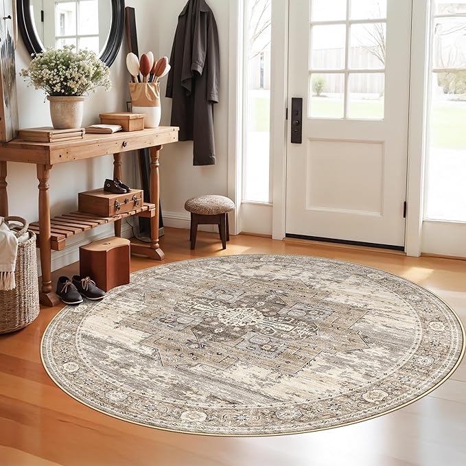RUUGME Washable Round Rug 5ft: Living Room Circle Rugs with Non Slip Rubber Backing Stain Resistant Indoor Carpet for Bedroom Ultra Thin Soft Floor Decor Mat 5ft Beige