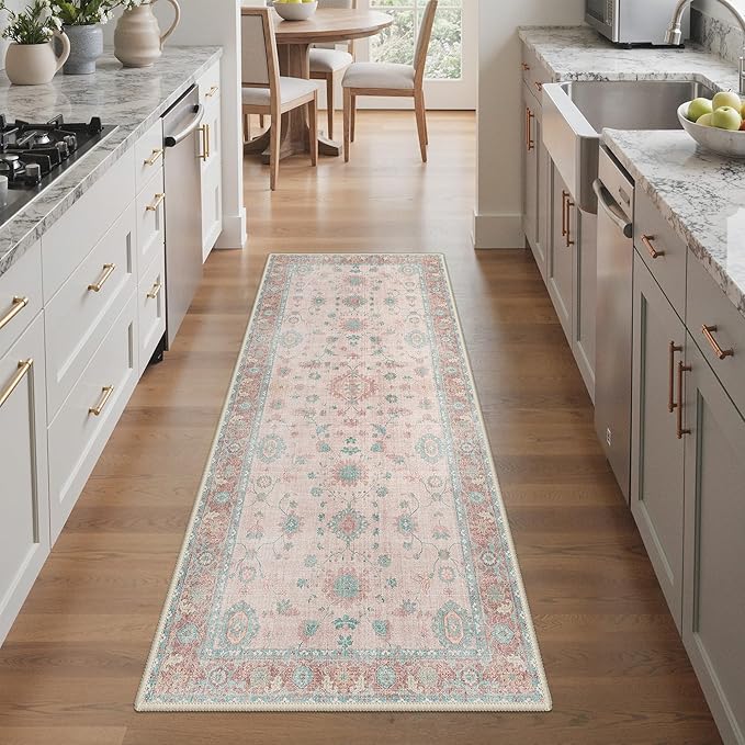 GENIMO Runner Rug for Hallways Machine Washable, 3x7 Non Slip Boho Vintage Lightweight Washable Runners, Thin Floor Rugs for Entryway Hallway Bathroom Laundry Room Corridor, Misty Pink