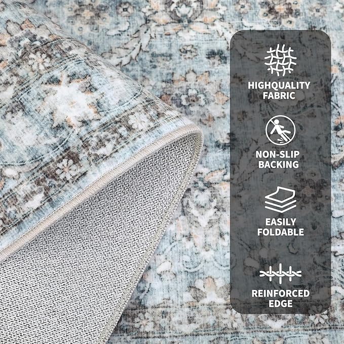 GarveeHome Washable Rugs 10x13 Area Rugs for Living Room, Non Slip & Non Shedding Vintage Floral Print Carpet, Low Pile Lightweight Oriental Floor Mats for Bedroom, Home Office, Grey and Blue