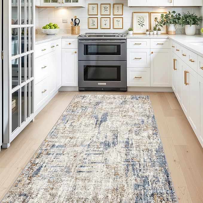 4x8 Washable Area Rug – Non-Slip Rubber Backed Indoor Rug for Entryway, Kitchen, Hallway | Modern Abstract Neutral Low Pile Thin Floor Mat for Bedroom, Living Room, Office(Blue Brown)