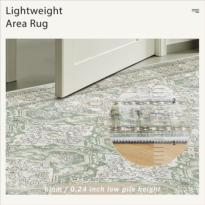 Soalmost 9x12 Area Rugs for Living Room, Non Slip Machine Washable Vintage Rugs, Low Pile Lightweight Large Rug for Bedroom, Dining Room, Home Office Green/Brown