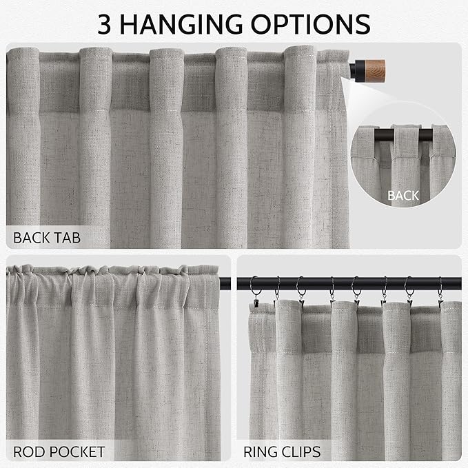 Nanspring Light Gray Linen Curtains for Living Room 84 Inches Long 2 Panels Set Rod Pocket Back Tab Simple Modern Light Filtering Boho Coastal Room Decor Grey Sheer Curtain for Bedroom 52x84