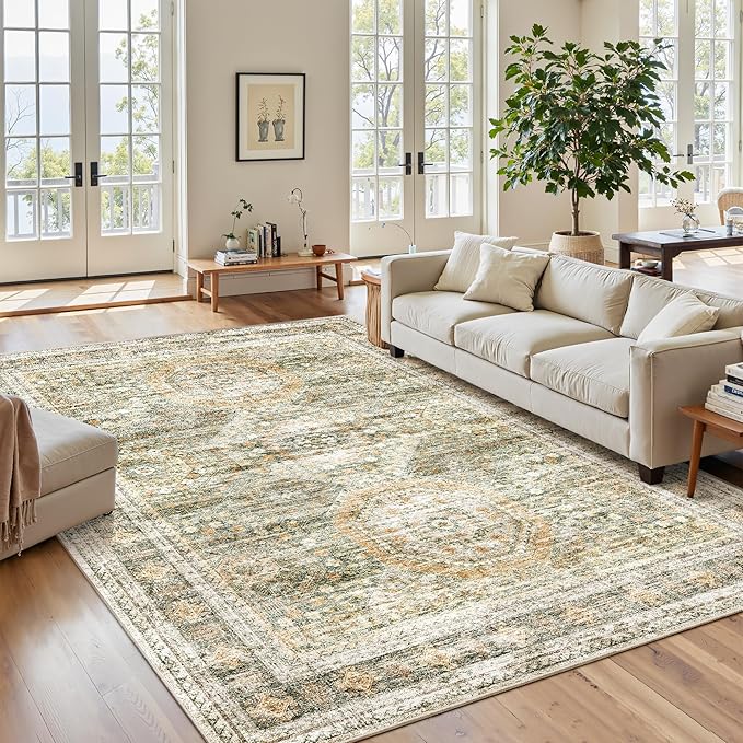 Soalmost 6x9 Area Rug for Living Room Washable 6x9 Non-Slip Modern Rugs for Bedroom Dinning Room Ultra-Thin Indoor Green Orange