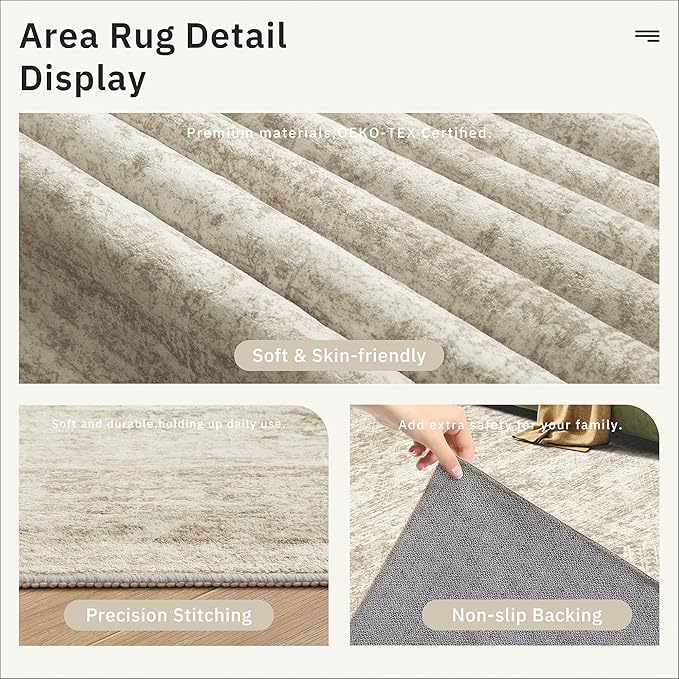 Soalmost 12x15 Washable Area Rug Beige Neutral Abstract Living Room Large Carpet Non Slip Bedroom Indoor Office Dining Room Low Pile Thin Rug