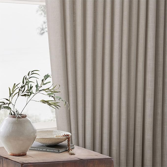 Taupe Burlywood Pinch Pleat Linen Curtains 120 Inches Long 60 Inch Wide for Patio Sliding Door Light Filtering Semi Sheer Pleated Drapes Back Tab Extra Wide 60 x 120 Curtain for Living Dining Room