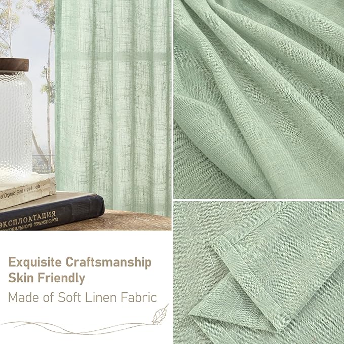 LAMIT Semi Sheer Linen Curtains 45 Inches Long, Light Filtering Panels Back Tab and Rod Pocket Neutral Drapes for Kitchen/Window/Bedroom, Fresh Green, 2 Panels, 52 x 45 Inch