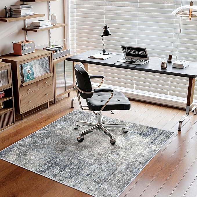 5x5 Rug Square for Living Room – Machine Washable Non-Slip Area Rug for Kitchen Entryway Bathroom – Modern Neutral Abstract Soft 5ft Indoor Carpet (Blue Grey, 5x5)