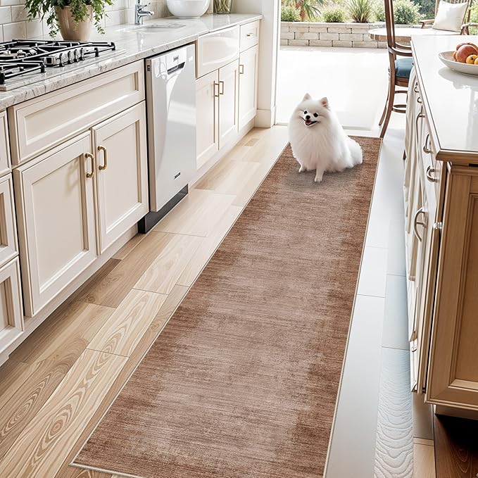 2x8 Washable Hallway Runner Rug – Non-Slip Modern Abstract Neutral Low-Pile Stain-Resistant Carpet Runner for Kitchen Entryway Bedroom Bathroom (Warm Taupe,2x8)