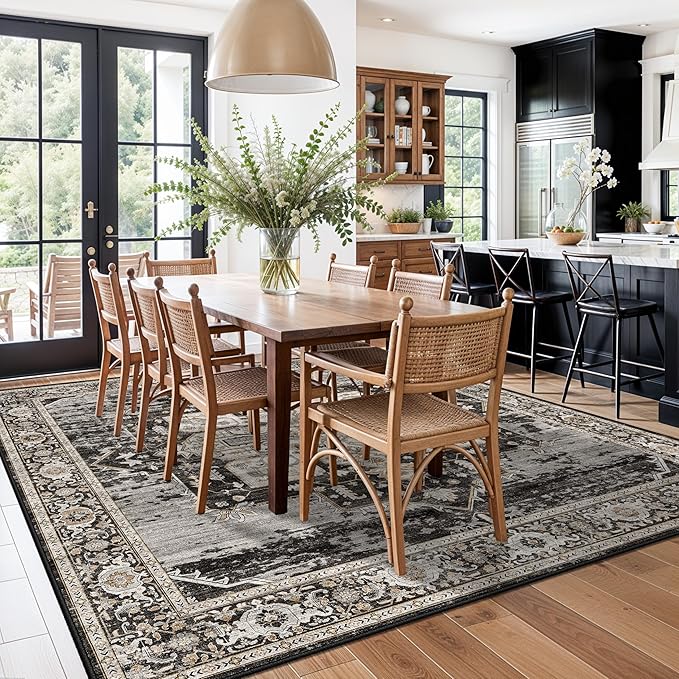 Living Room Area Rug 10' Square,Large Washable Area Rugs with Non Slip Backing Stain Resistant Carpet Indoor Soft Foldable Carpets Distressed Decoration Mat for Bedroom Dining Room 10X10 Black