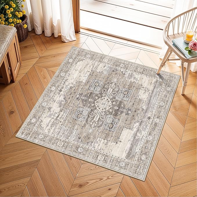 Washable Small 2x2 Rug Square - Boho Ultra Thin Soft Non Slip Rugs Multi-Use Stain Resistant Easy-Clean Carpets for High-Traffic Entryway, Kitchen, Pet Area, Bathroom & Dorm Decor 24x24 Beige
