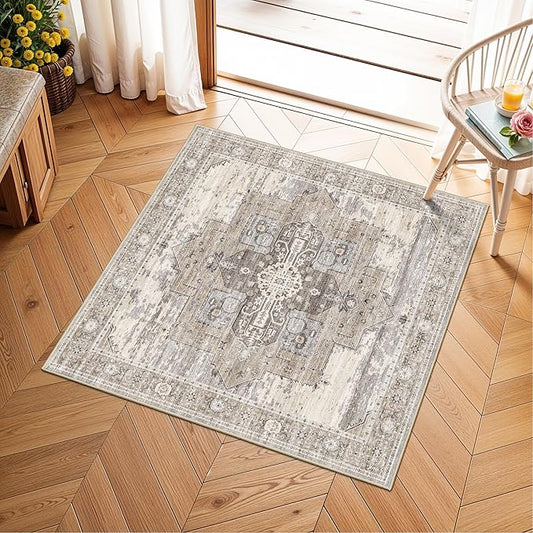 Washable Small 2x2 Rug Square - Boho Ultra Thin Soft Non Slip Rugs Multi-Use Stain Resistant Easy-Clean Carpets for High-Traffic Entryway, Kitchen, Pet Area, Bathroom & Dorm Decor 24x24 Beige