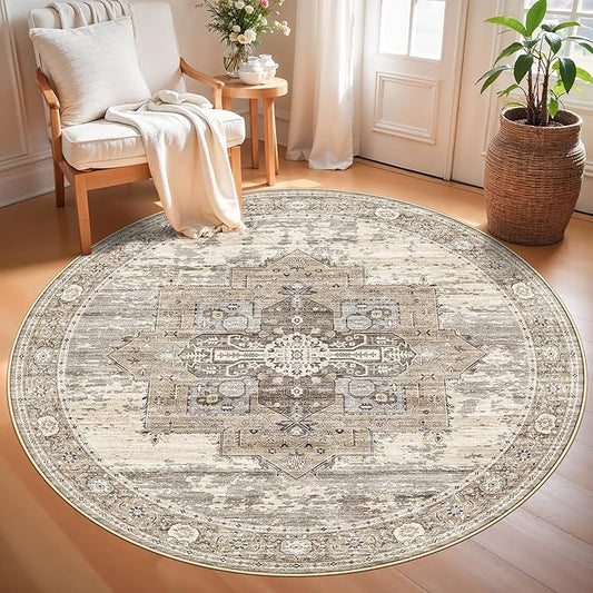 RUUGME Washable Round Rug 5ft: Living Room Circle Rugs with Non Slip Rubber Backing Stain Resistant Indoor Carpet for Bedroom Ultra Thin Soft Floor Decor Mat 5ft Beige