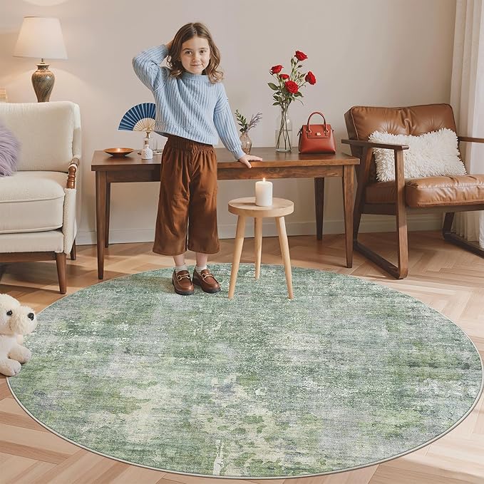 Soalmost 6x6 Green/Ivory Round Rug 6ft Living Room Circle Rug Vintage Round Area Rug Non Slip Indoor Carpet for Dining Room Bedroom