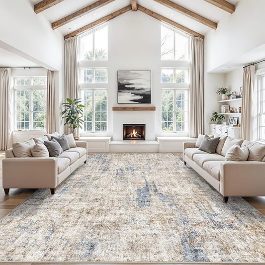 12x14 Area Rug for Living Room – Washable Non-Slip Soft Extra Large Carpet for Bedroom Dining Room Family Room, Modern Neutral Abstract Low Pile Thin Indoor Big Rug（Blue Brown）