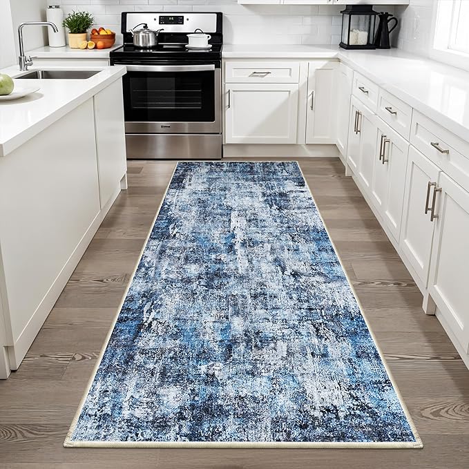 3x6 Washable Wide Runner Rug – Non-Slip Floor Carpet Runner for Kitchen Entryway Hallway Bathroom, Modern Abstract Low Pile Thin Area Rug (Navy Blue, 3x6)