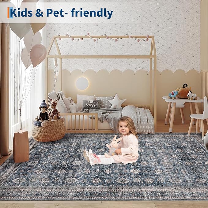 GarveeHome 5x7 Area Rugs for Living Room Machine Washable Vintage Boho Carpet Non Slip Ultra Soft Non-Shedding Throw Rug Low Pile Lightweight Indoor Floor Carpet for Bedroom Nursery Denim