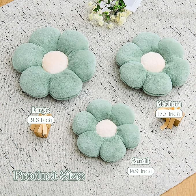 Kcvvcr Flower Pillow Cute Decorative Throw Pillow with Faux Rabbit Fur Soft Daisy Plush Floor Cushion Aesthetic Flower Shaped Pillow Home Decor for Bed Sofa Couch (Sage Green, 19.6 Inch)