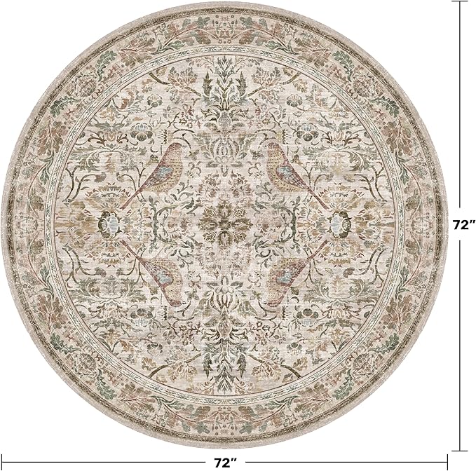Hazo Haus Boho 6ft Area Round Rug for Living Room - Floral Vintage Circular Rug for Kids Bedroom, Dining Room, Home Office, Washable Low Pile Non Slip, Moss Green & Olive Indoor Aesthetic Décor