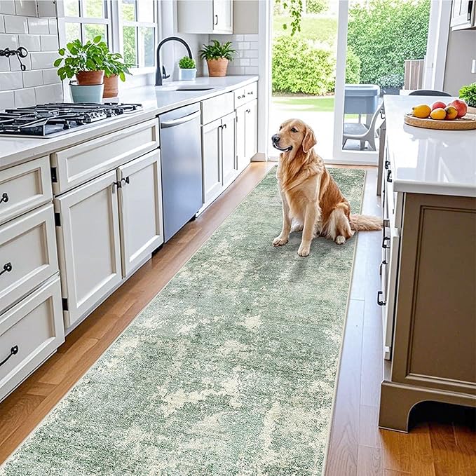 3x10 ft Long Hallway Runner Rug – Non-Slip Washable Kitchen Floor Rug with Rubber Backing, Modern Low Pile Thin Wide Carpet Runners for Bedroom, Entryway Indoor (Sage Green,3x10)