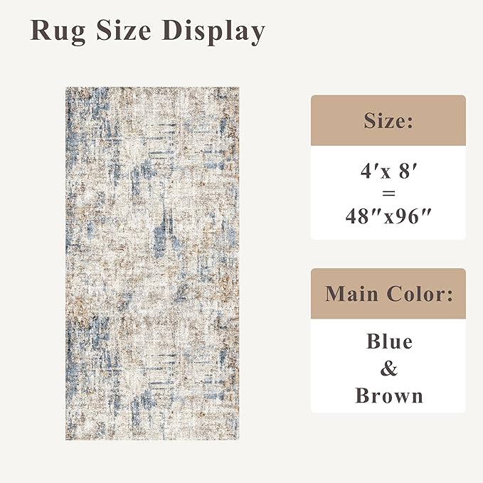 4x8 Washable Area Rug – Non-Slip Rubber Backed Indoor Rug for Entryway, Kitchen, Hallway | Modern Abstract Neutral Low Pile Thin Floor Mat for Bedroom, Living Room, Office(Blue Brown)