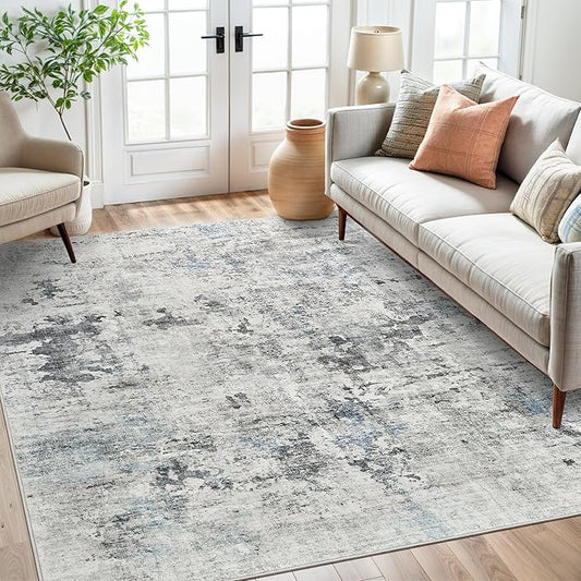 Soalmost 6x9 Abstract Area Rugs for Living Room 6 x 9 Washable Non Slip Low Pile Gray Rugs for Bedroom Dining Room Foldable Thin Gray Blue