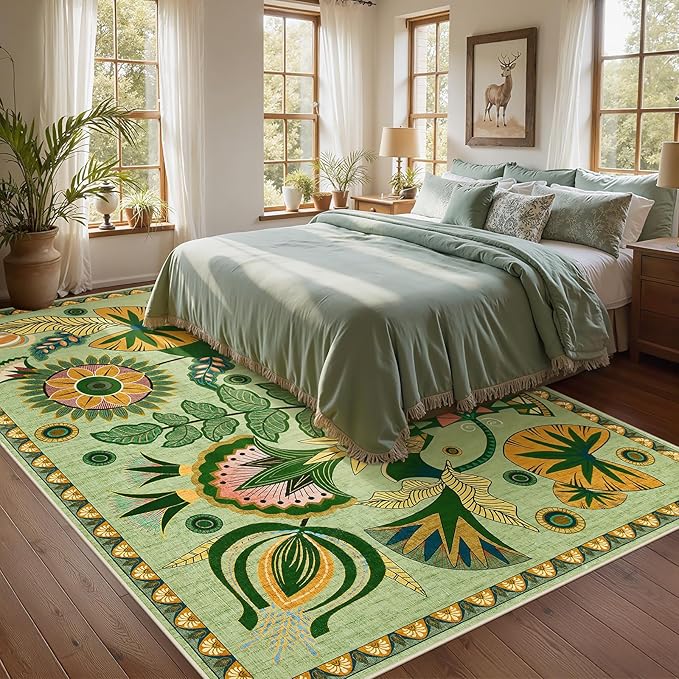 Joydeco Egypt Floral Area Rugs 9x12 Living Room, Large Sage Green Washable Carpet for Bedroom Playroom, Boho Vintage Non Slip Indoor Throw Rug for Dining Room Nursery Dorm Classroom, Green