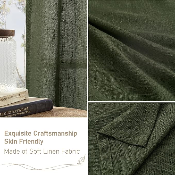 LAMIT 45 Inch Short Window Linen Curtains, Light Filtering Panels Back Tab and Rod Pocket Christmas Decor Drapes for Cafe/Bathroom/Loft Room, Olive Green, 2 Panels, 34 x 45 Inch