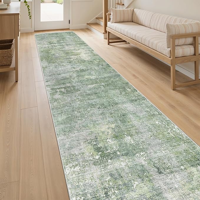 Soalmost Runner Rug 2x10 Washable Non-Slip Hallway Runner Rugs for Kitchen Bathroom Laundry Room Green/Ivory Vintage Floor Carpet Runners for Hallways Entryway