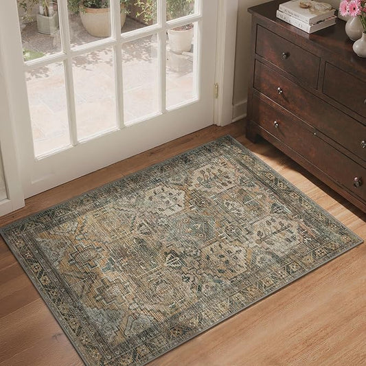 GENIMO Entryway Rug Floral Rug, 2x3 Washable Door Mat Non Slip, Thin Floor Rugs for Entryway Hallway Bathroom Laundry Room Corridor, Warm Taupe