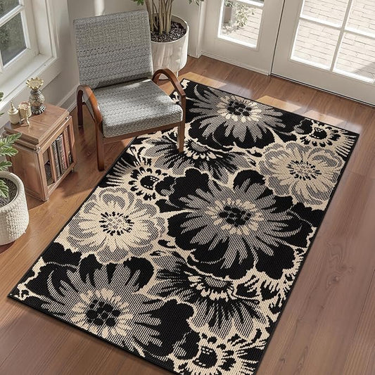 Findosom Washable Area Rug 3x5, Non Slip High-Low Textured Floral Rugs for Bedroom with Rubber Backing, Boho Carpet for Living Room, Kitchen, Entryway, Laundry, Black & Beige