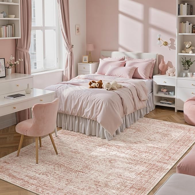 Soalmost 6x9 Area Rug for Living Room Washable Non-Slip Modern Rugs for Bedroom Dining Room Ultra-Thin Indoor Pink Rug