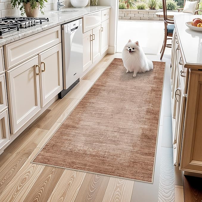 3x6 Washable Kitchen Runner Rug - Non Slip Stain Resistant Low-Pile Thin Wide Carpet Runners for Entryway Hallway Bathroom Bedside,Modern Neutral Abstract(Warm Taupe,3x6)