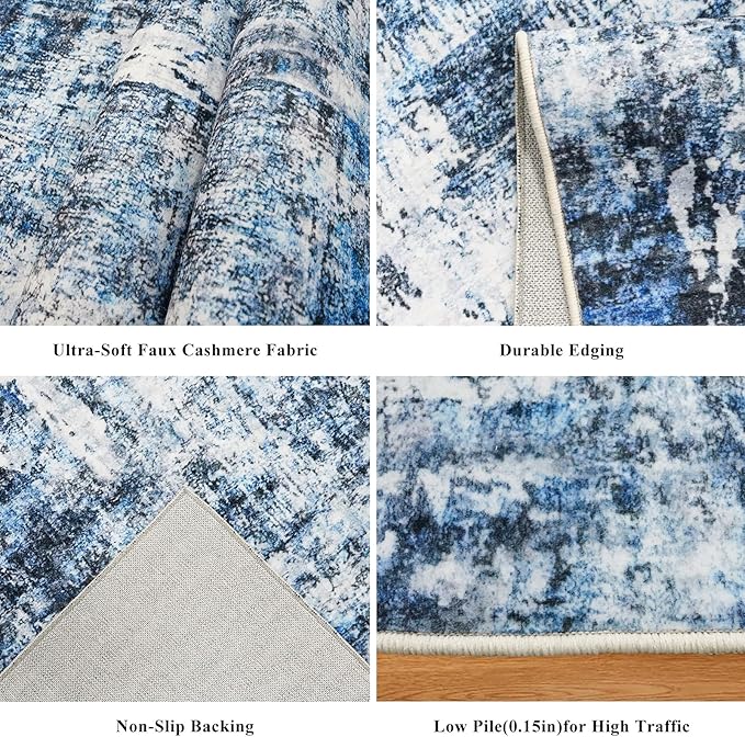 3x15 Ft Long Hallway Runner Rug - Non-Slip Washable Kitchen Runner Rug with Rubber Backing | Modern Abstract Wide Floor Carpet Runner for Indoor Entryway, Bedroom, Living Room（Blue）