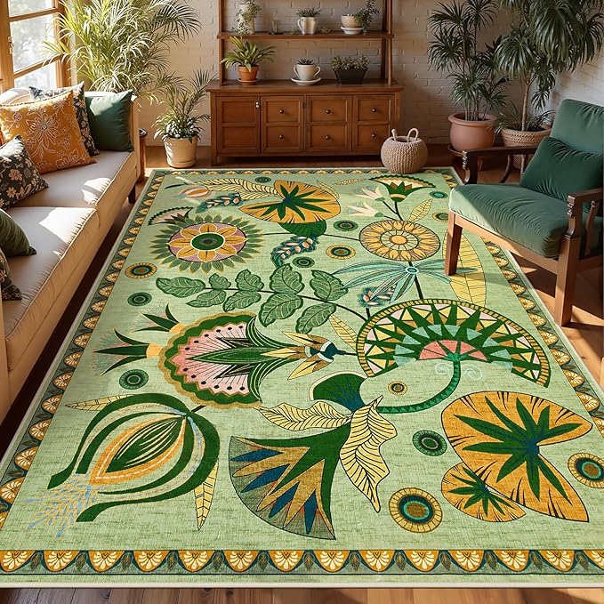 Joydeco Egypt Floral Boho Living Room Area Rug 6x9, Sage Green Washable Area Rug for Bedroom Dining Room Table, Non Slip Vintage Indoor Throw Carpet for Playroom Nursery Dorm Classroom, Green