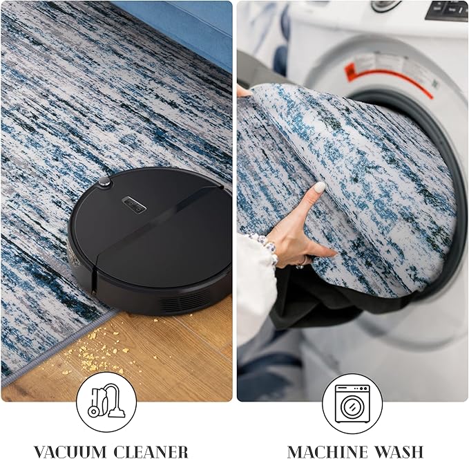 Lansny Modern Abstract 8x10 Large Machine Washable Living Room Rug Non-Slip Soft Bedroom Area Rug Grey Blue White Thin Print Faux Wool Carpet Throw Rugs for Nursery Playroom Dining Room Indoor