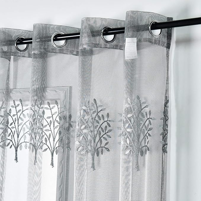 DONREN Tree Branch Design Embroidery Sheer Curtains for Bedroom - Luxury Grey Embroidery Sheer Curtain Panels for Living Room (W 52 x L 96 Inch,2 Panels)